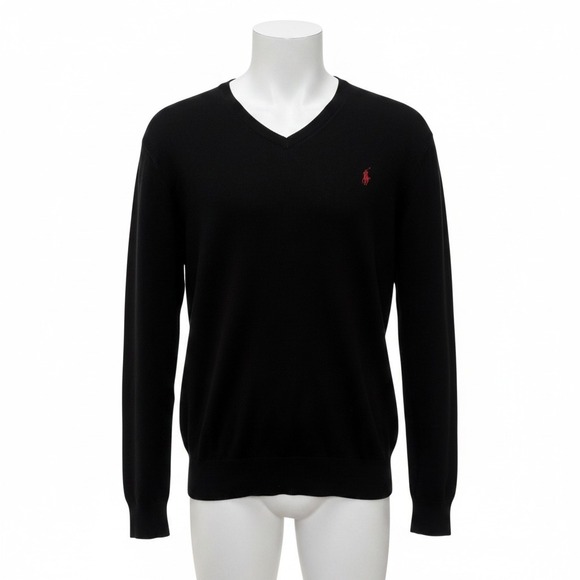 Polo Ralph Lauren Other - Polo Ralph Lauren Sweater XL Black Pima Cotton V-Neck Red Pony Pullover Preppy